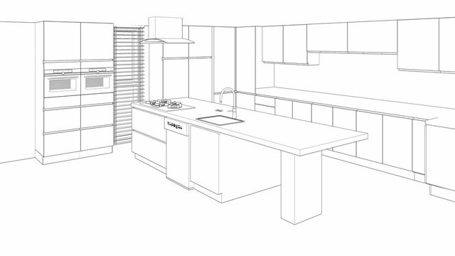 sketch of modern kitchen interior with furniture, video 3d animation