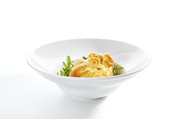Baked Burrata Cheese with Tomato Sauce and Fresh Arugula Leaves