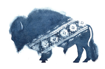 Watercolor realistic bison silhouette and national ornament in blue colors on white background © AnnaNenasheva