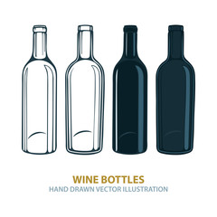 Wine bottles. Hand drawn simple wine bottles set. Wine bottles sketch drawing. 