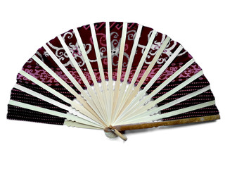 Hand fan from Bali Indonesia. Kipas Tangan Motif Batik or hand fan Batik made of bamboo and batik fabric. Hand fan patterned batik isolated on white background.