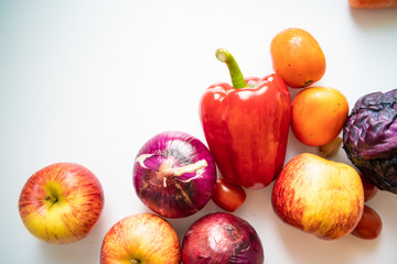 Various beta carotene fresh fruit and vegetable on white background