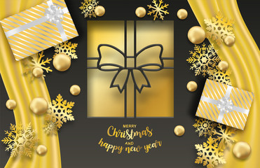 Happy new year and Merry Christmas. Design with gift box and gold snowflakes on black and gold background .vector. illustration.