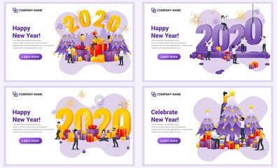 Set of web page design templates for Happy new year 2020, People celebrate new year, Christmas. Can use for web banner, poster, infographics, landing page, web template. Flat vector illustration