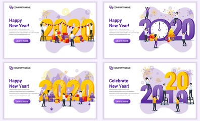 Set of web page design templates for Happy new year 2020, People celebrate new year, Christmas. Can use for web banner, poster, infographics, landing page, web template. Flat vector illustration