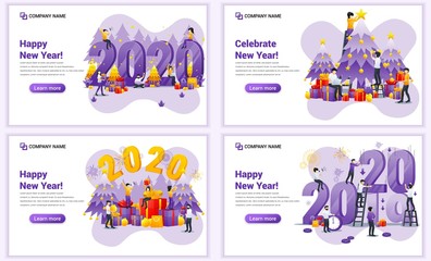 Fototapeta premium Set of web page design templates for Happy new year 2020, People celebrate new year, Christmas. Can use for web banner, poster, infographics, landing page, web template. Flat vector illustration