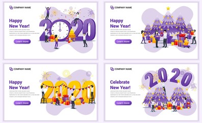 Fototapeta na wymiar Set of web page design templates for Happy new year 2020, People celebrate new year, Christmas. Can use for web banner, poster, infographics, landing page, web template. Flat vector illustration