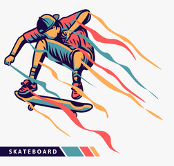 Skateboarder colorful artwork jumping with motion effect