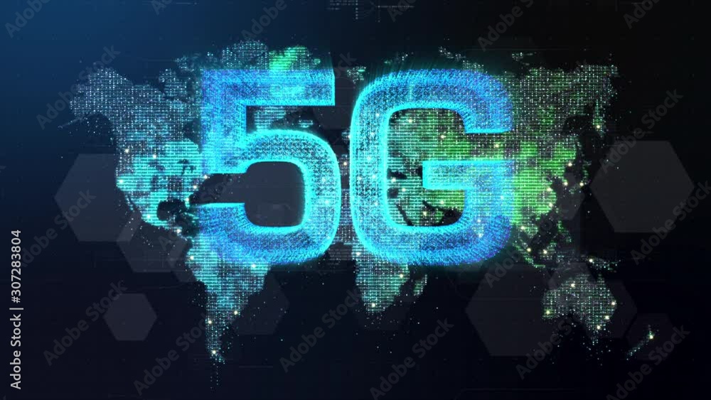 Aufkleber Futuristic global 5G worldwide communication via broadband internet connections between cities around the world with matrix particles continent map for head up display background