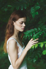 beautiful woman green leaves nature rest