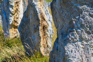 Fototapeta na wymiar The alignment of Lagatjar is an interesting alignment of menhir in France, near Camaret sur mer. Finister. Brittany. France