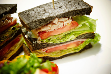 Black bread chicken sandwich with salad 