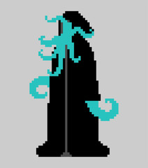 Obraz premium Cult Cthulhu follower pixel art. 8 bit Monk octopus with tentacles and in cassock