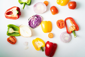 Various beta carotene fresh fruit and vegetable on white background