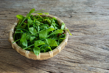 Melientha suavis pierre in a bamboo basket on wooden table prepare to cook. local plant concept.