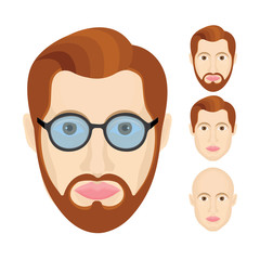 Male character portraits set. Male user profile sign. Man avatar symbols collection.  Young guy head illustration with different hairstyles, glasses and beard. Part of set.