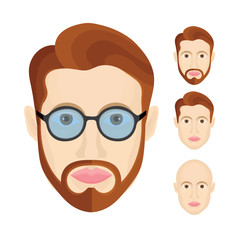 Male character portraits set. Male user profile sign. Man avatar symbols collection.  Young guy head illustration with different hairstyles, glasses and beard. Part of set.