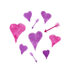 Fototapeta na wymiar Hand drawn pink and purple watercolor hearts and arrows isolated on white background. Romantic elements for Valentine's day and other holidays and events.