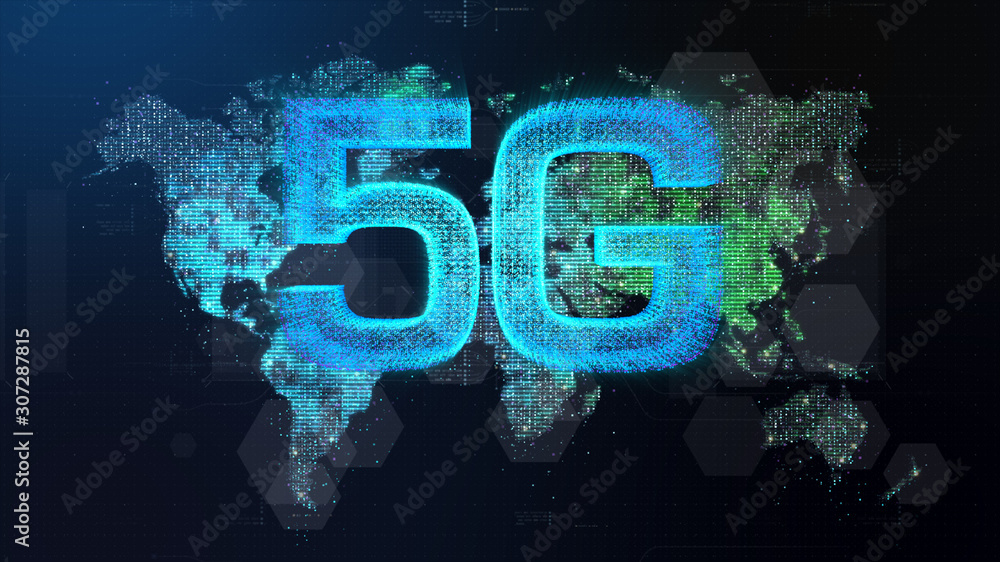 Fototapete futuristic global 5g worldwide communication via broadband internet connections between cities aroun