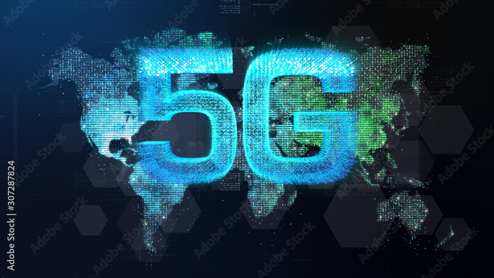Poster Futuristic global 5G worldwide communication via broadband internet connections between cities around the world with matrix particles continent map for head up display background