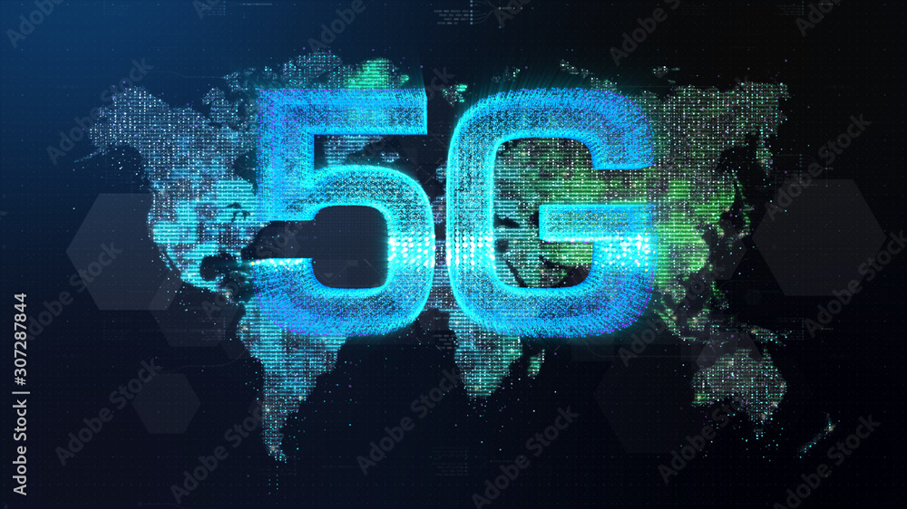 Poster Futuristic global 5G worldwide communication via broadband internet connections between cities around the world with matrix particles continent map for head up display background