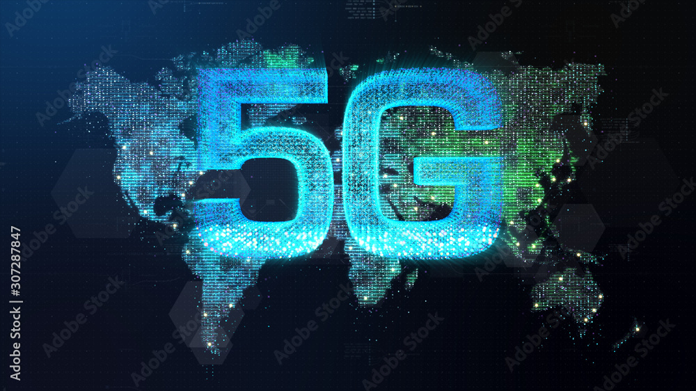 Poster Futuristic global 5G worldwide communication via broadband internet connections between cities around the world with matrix particles continent map for head up display background