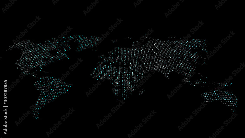 Aufkleber Futuristic global 5G worldwide communication via broadband internet connections between cities around the world with matrix particles continent map for head up display background