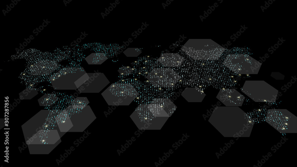 Poster Futuristic global 5G worldwide communication via broadband internet connections between cities around the world with matrix particles continent map for head up display background