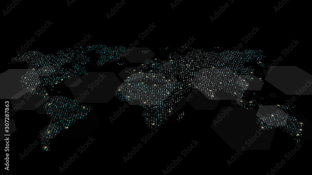 Poster Futuristic global 5G worldwide communication via broadband internet connections between cities around the world with matrix particles continent map for head up display background