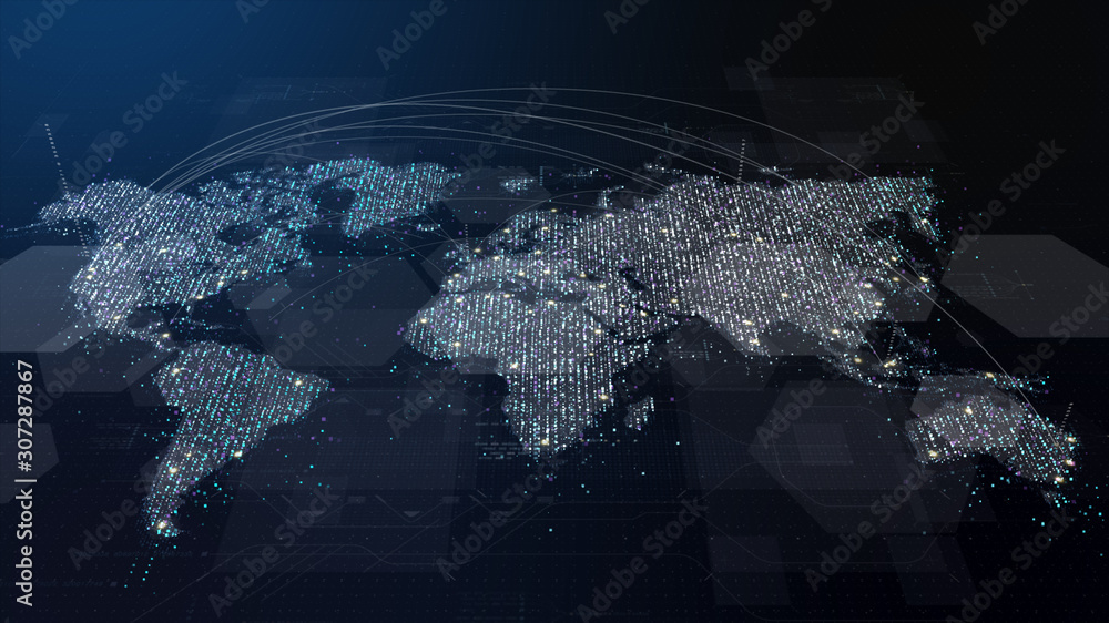 Aufkleber Futuristic global 5G worldwide communication via broadband internet connections between cities around the world with matrix particles continent map for head up display background