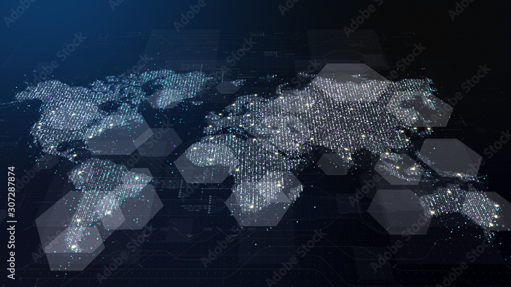 Aufkleber Futuristic global 5G worldwide communication via broadband internet connections between cities around the world with matrix particles continent map for head up display background