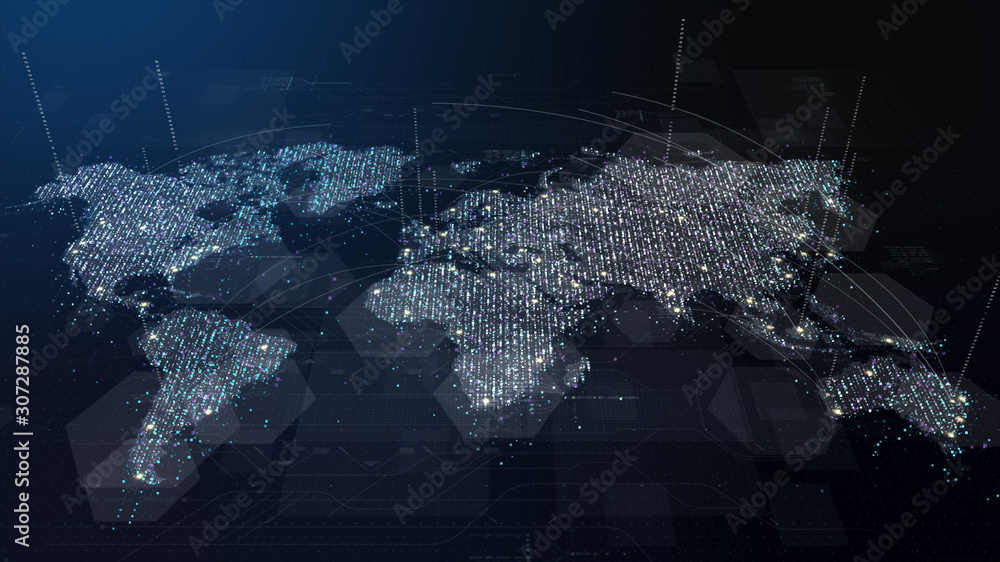 Leinwandbilder Futuristic global 5G worldwide communication via broadband internet connections between cities around the world with matrix particles continent map for head up display background