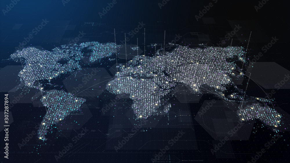 Poster Futuristic global 5G worldwide communication via broadband internet connections between cities around the world with matrix particles continent map for head up display background
