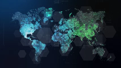  Futuristic global 5G worldwide communication via broadband internet connections between cities around the world with matrix particles continent map for head up display background © Kittiphat