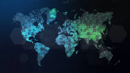 Poster Futuristic global 5G worldwide communication via broadband internet connections between cities around the world with matrix particles continent map for head up display background © Kittiphat