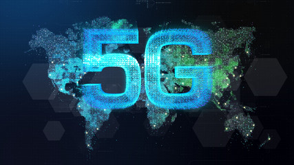 Futuristic global 5G worldwide communication via broadband internet connections between cities around the world with matrix particles continent map for head up display background