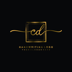 Initial C D handwriting logo design, with brush box lines gold color. handwritten logo for fashion, team, wedding, luxury logo.