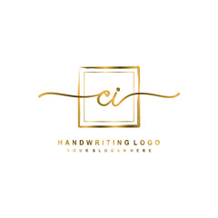 Initial C I handwriting logo design, with brush box lines gold color. handwritten logo for fashion, team, wedding, luxury logo.