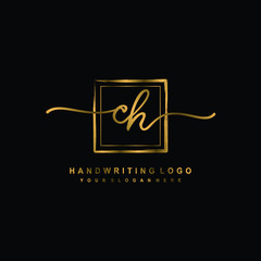 Initial C H handwriting logo design, with brush box lines gold color. handwritten logo for fashion, team, wedding, luxury logo.