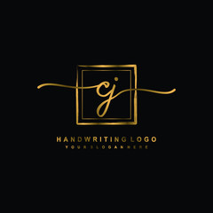 Initial C J handwriting logo design, with brush box lines gold color. handwritten logo for fashion, team, wedding, luxury logo.