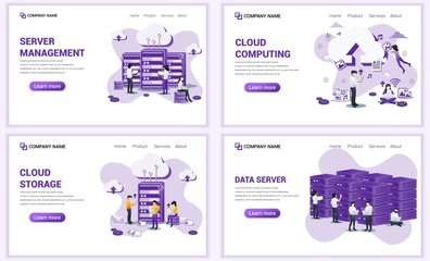 Set of web page design templates for cloud computing, cloud storage, data center. Can use for web banner, poster, infographics, landing page, web template. Flat vector illustration
