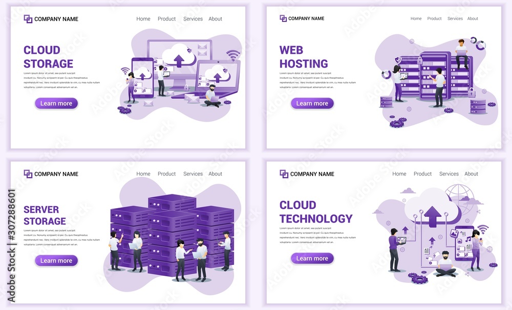 Poster set of web page design templates for cloud technology, cloud storage and hosting. can use for web ba
