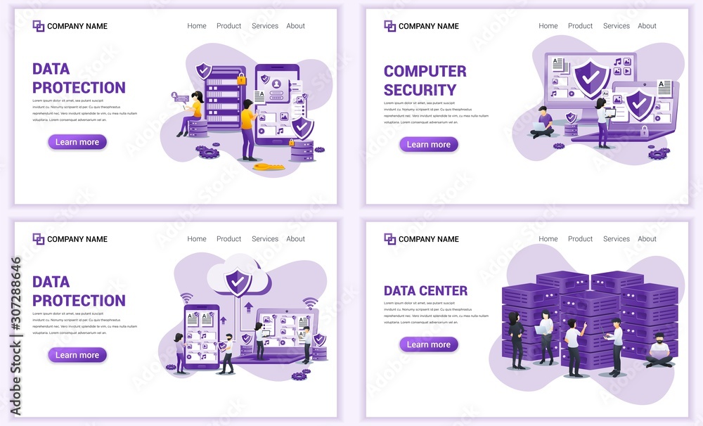 Poster set of web page design templates for computer security, data protection, data center. can use for we
