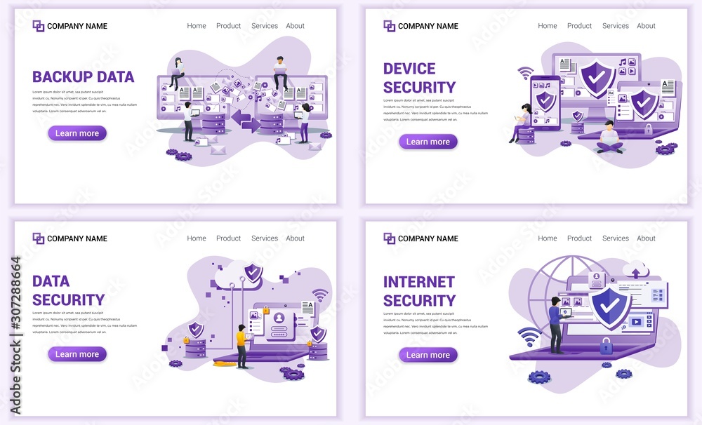 Poster set of web page design templates for backup data, data security, internet security. can use for web 