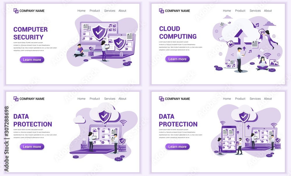 Poster set of web page design templates for cloud computing, computer security, data protection. can use fo