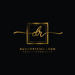 Initial D R handwriting logo design, with brush box lines gold color. handwritten logo for fashion, team, wedding, luxury logo.