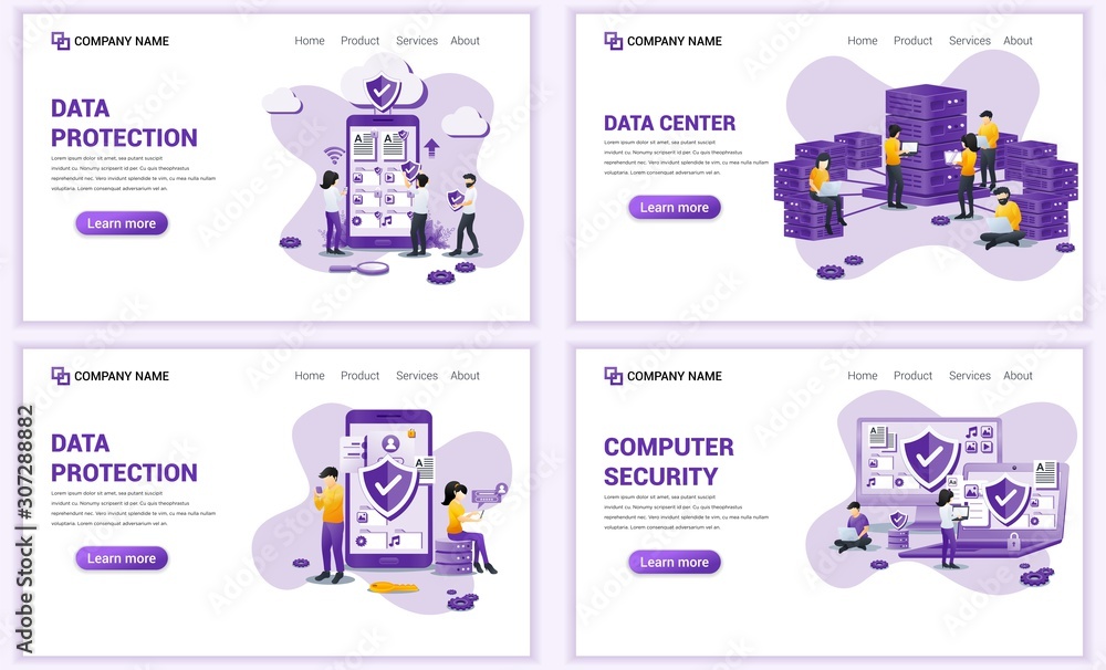 Poster set of web page design templates for data protection, computer security. can use for web banner, pos