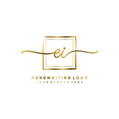 Initial E I handwriting logo design, with brush box lines gold color. handwritten logo for fashion, team, wedding, luxury logo.