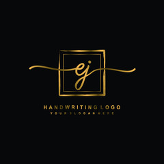 Initial E J handwriting logo design, with brush box lines gold color. handwritten logo for fashion, team, wedding, luxury logo.