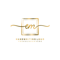 Initial E M handwriting logo design, with brush box lines gold color. handwritten logo for fashion, team, wedding, luxury logo.